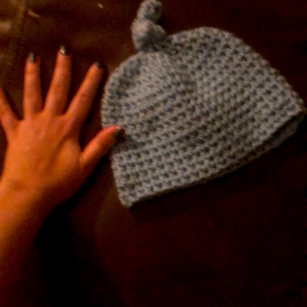 Homemade knot and knit blue toddler beanie